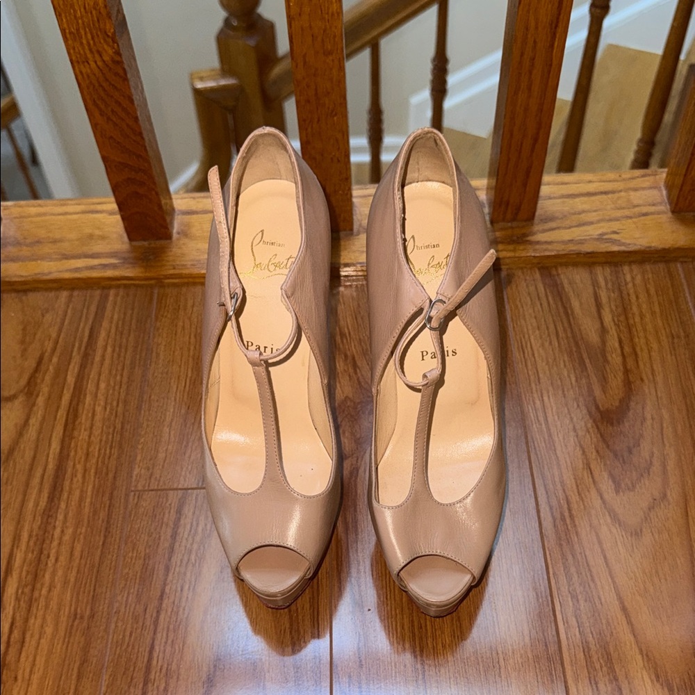 Christian Louboutin Nude T-Strap Peep Toe Heels